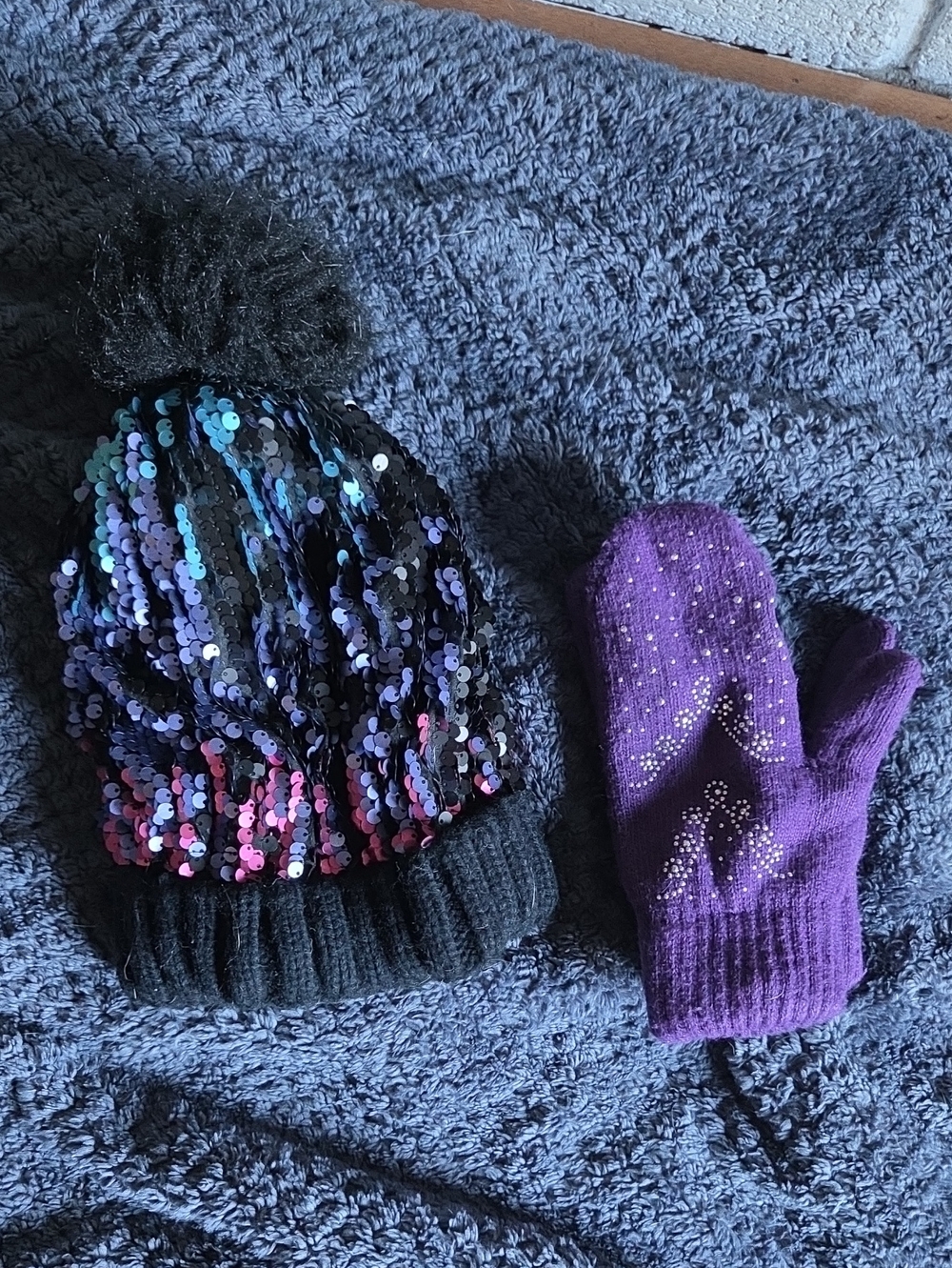 Sequin Pom Beanie and Purple Sparkle Mittens Set - Kids